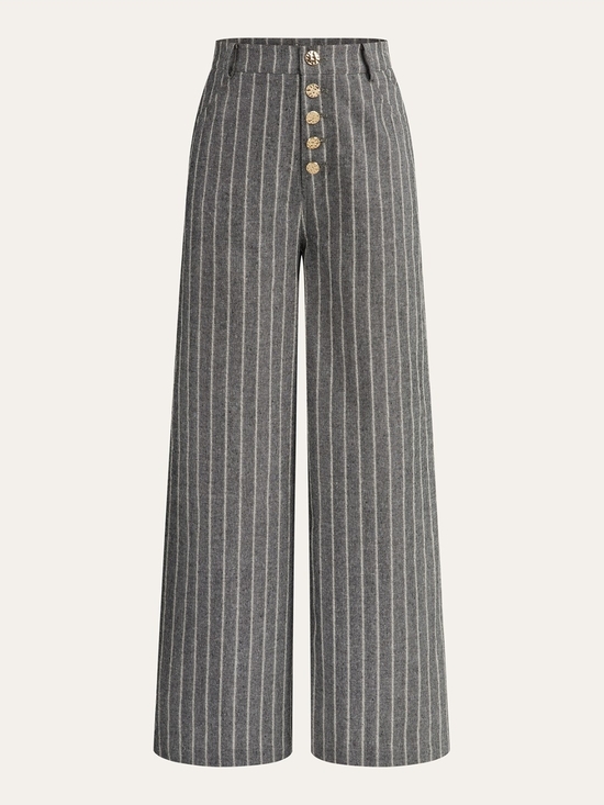 Commense Pants - Commense Gray Pinstripe Wide-Leg Trousers with Gold Buttons